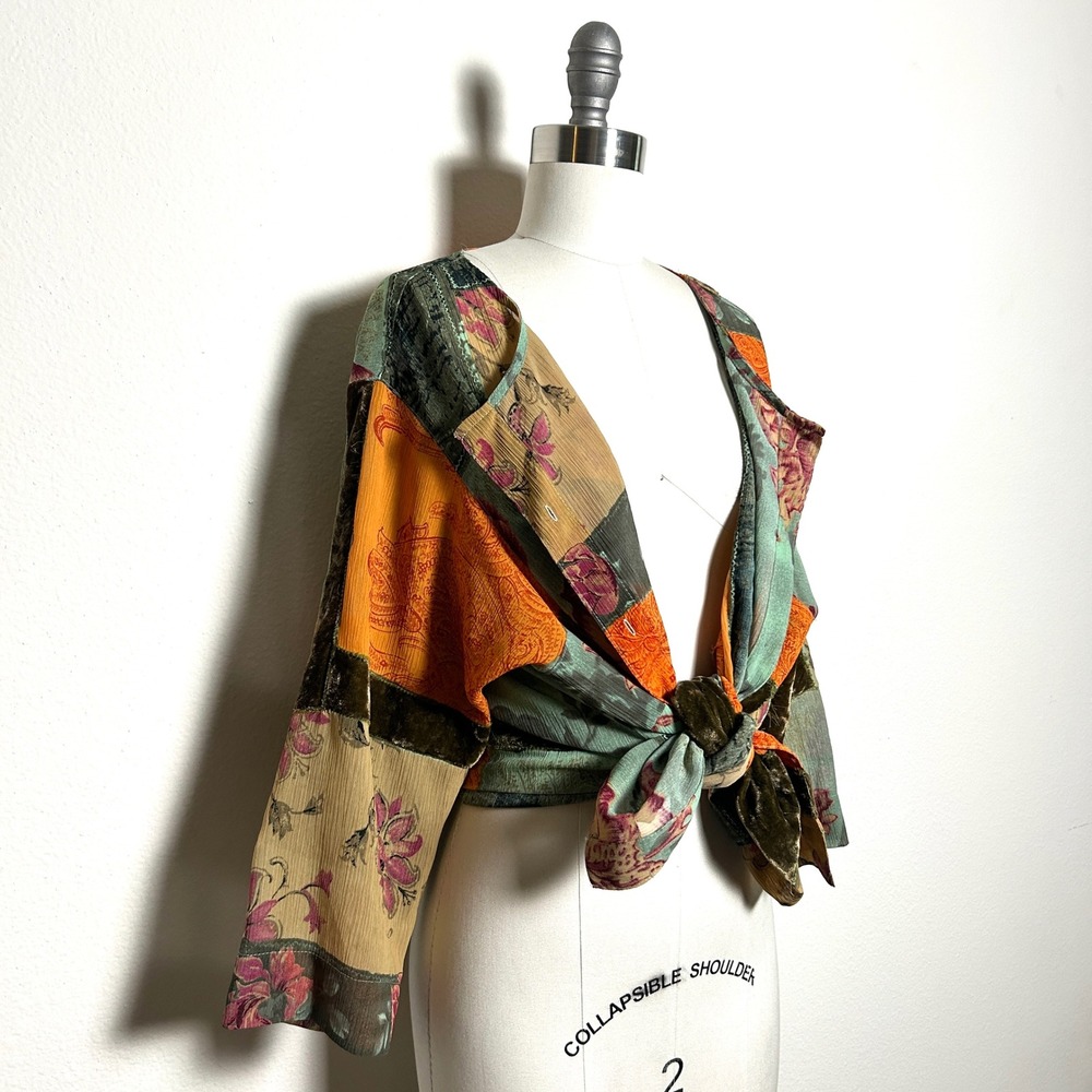 Vintage Multicolor Patchwork Velvet Chiffon Floral Paisley Shirt Women Size XL
